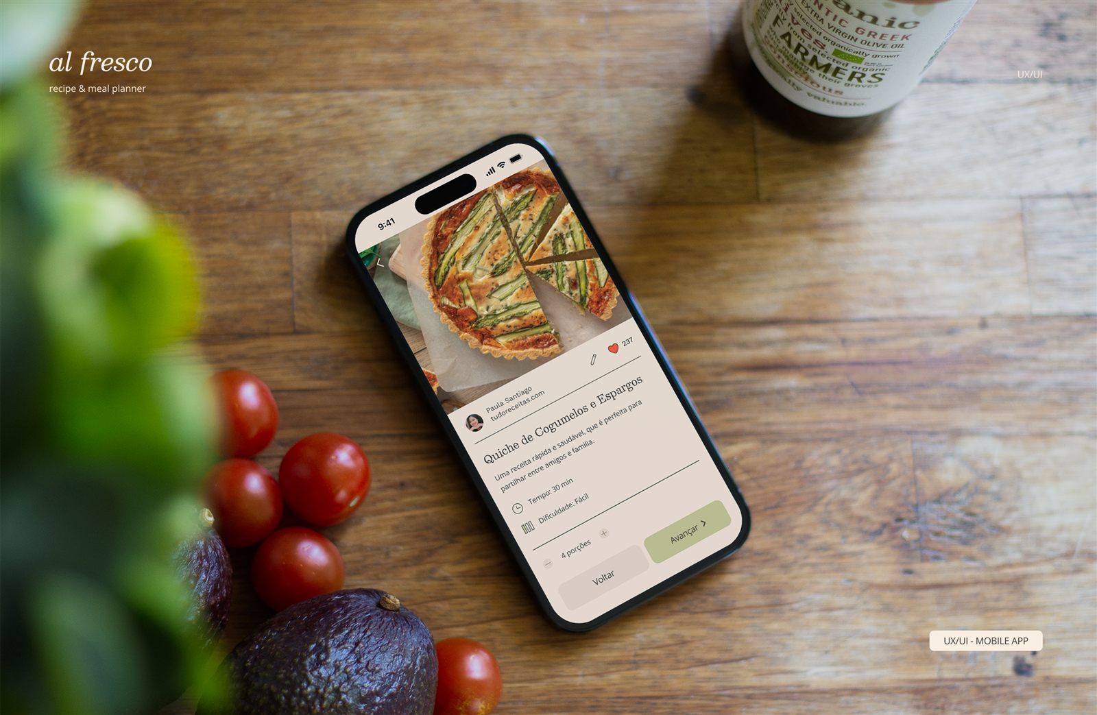 Al fresco recipe and meal planner app shown on a phone, styled as a Behance presentation cover