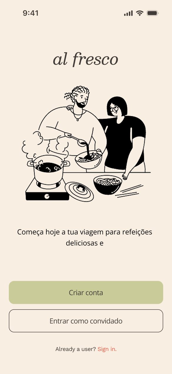 Welcome screen with an illustration of two people cooking, and buttons to create an account or continue as a guest