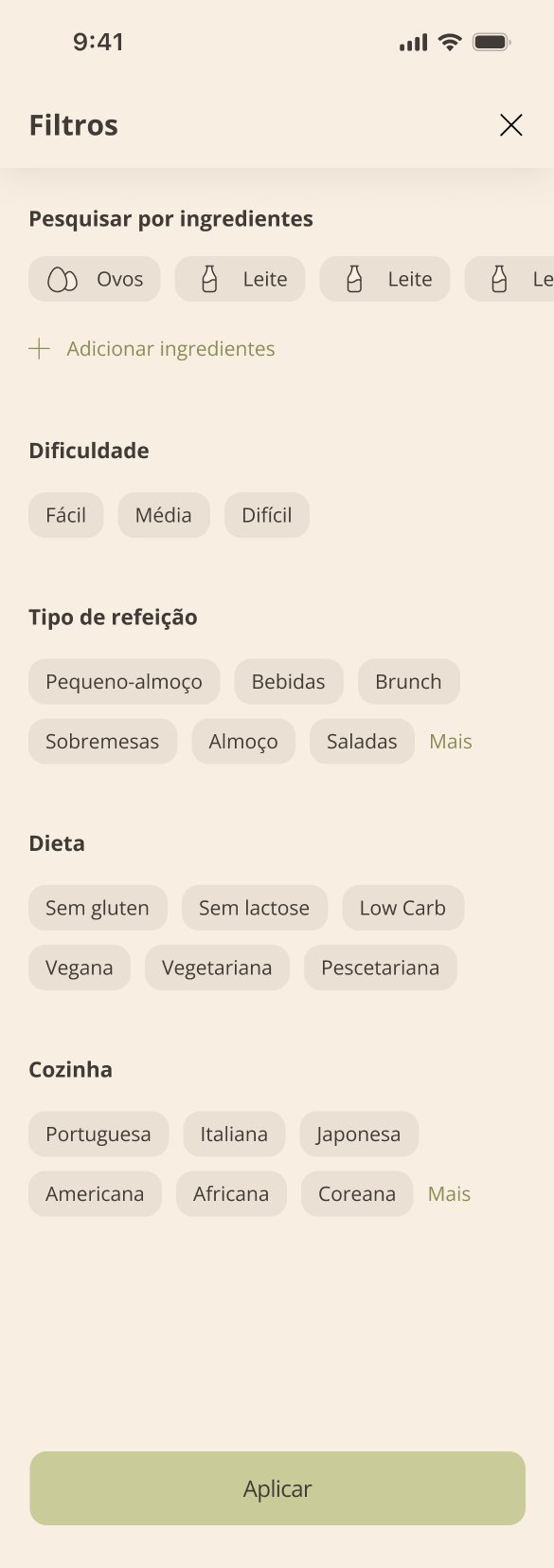 Filters by ingredients, difficulty, meal type, diet and cuisine