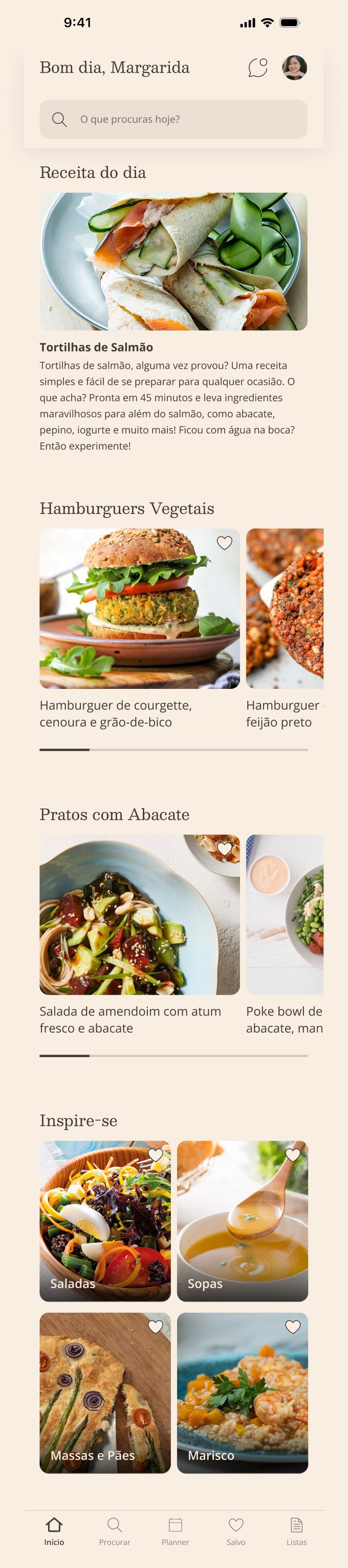 Homepage greeting the user, with search, the recipe of the day and themed collections such as veggie burgers and avocado dishes