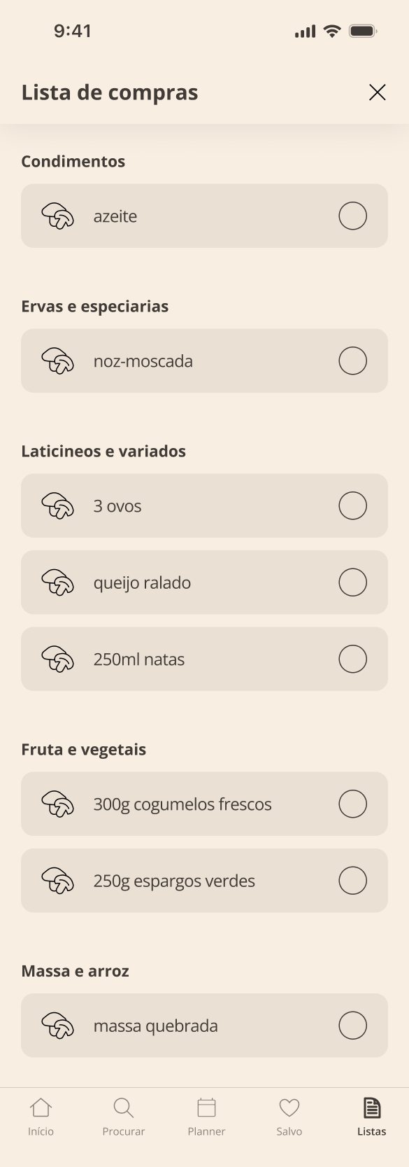 Shopping list grouped by aisle, such as condiments, dairy and vegetables, with checkboxes