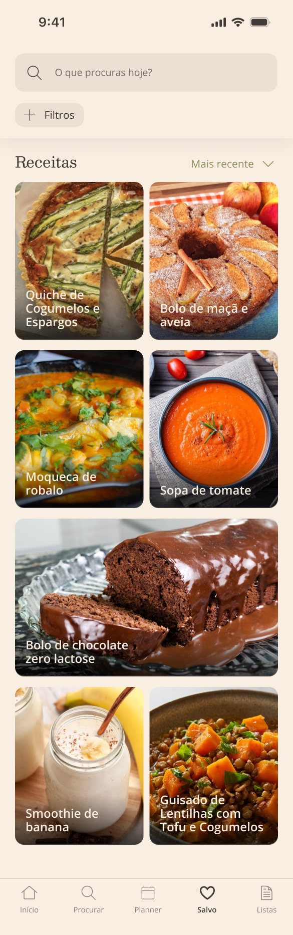 Saved recipes in a photo grid