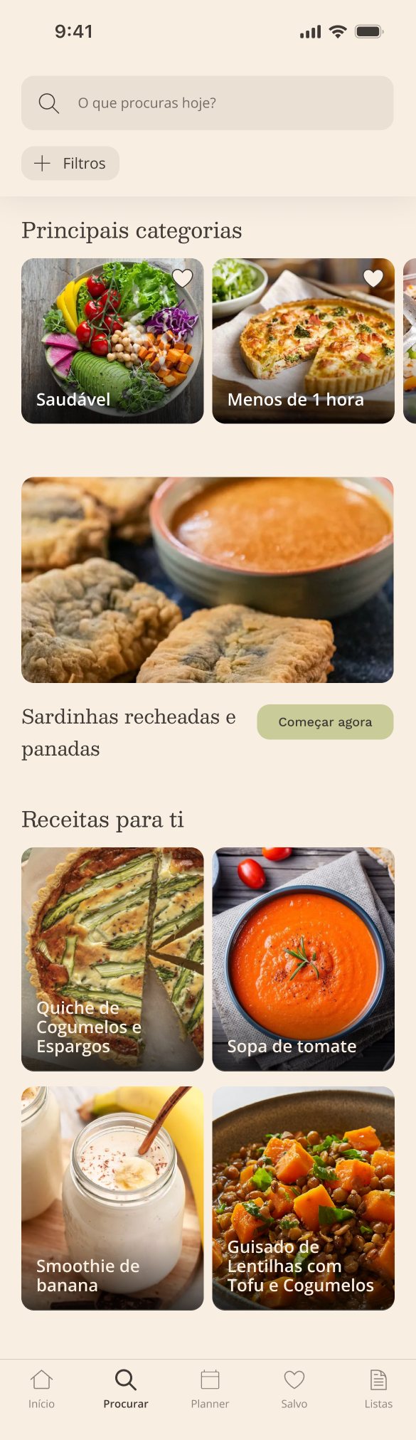 Search with main categories, a featured recipe and recipes for you