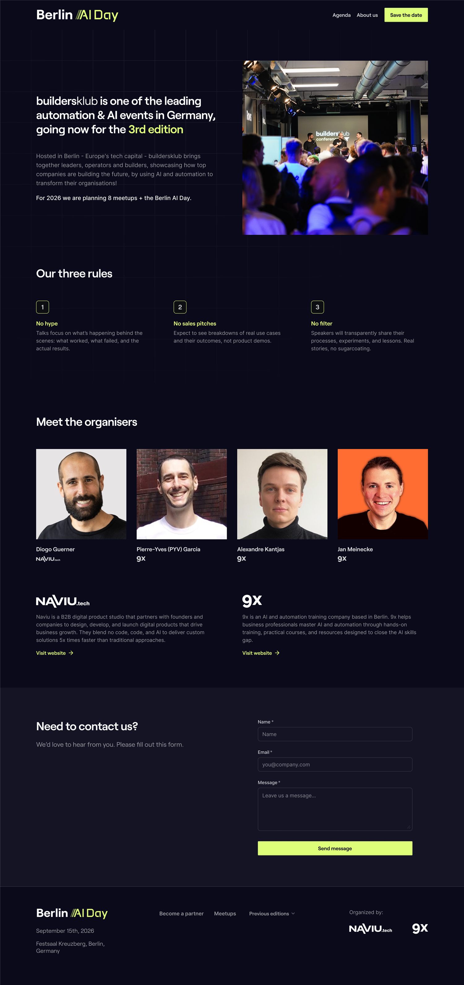 About us page on desktop: the story of buildersklub, its three rules and the organisers