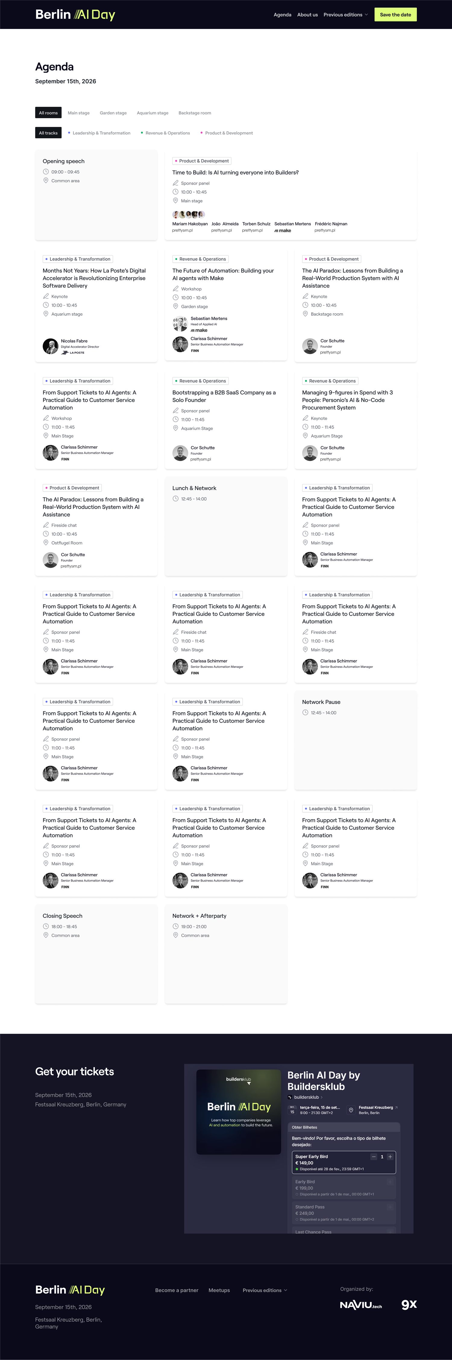 Agenda page on desktop: the full programme filtered by track and stage, with each talk, time and speaker