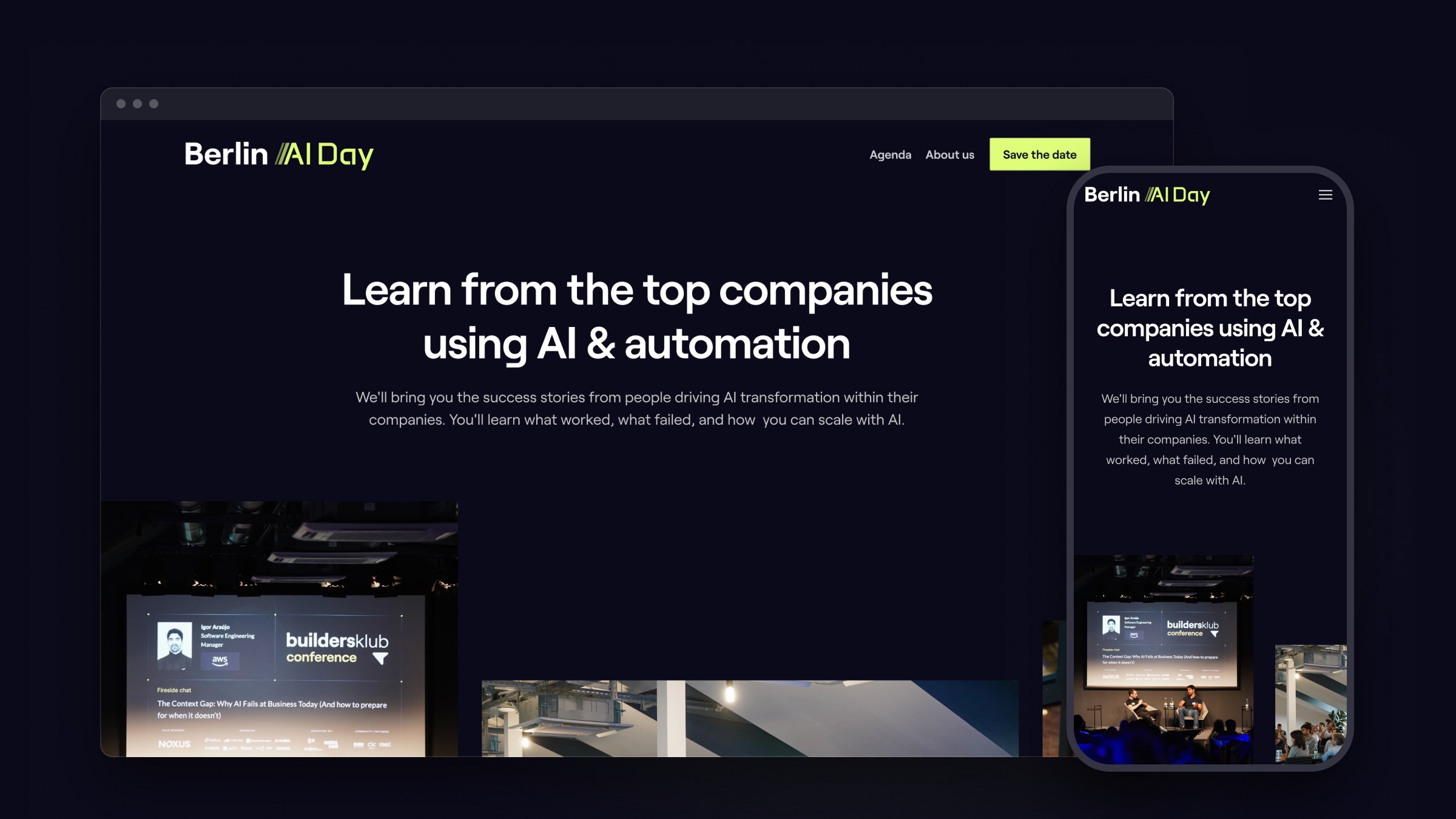 Berlin AI Day homepage in a browser window next to the mobile version on a phone, on the site's dark navy background