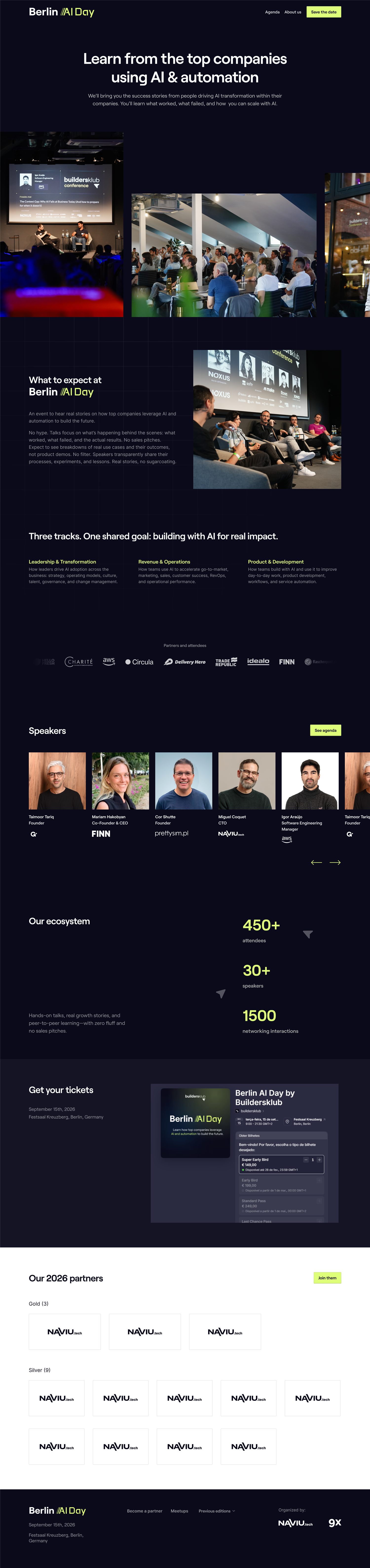 Homepage page on desktop: the event hero, what to expect, the three tracks, speakers, ecosystem numbers, tickets and partners