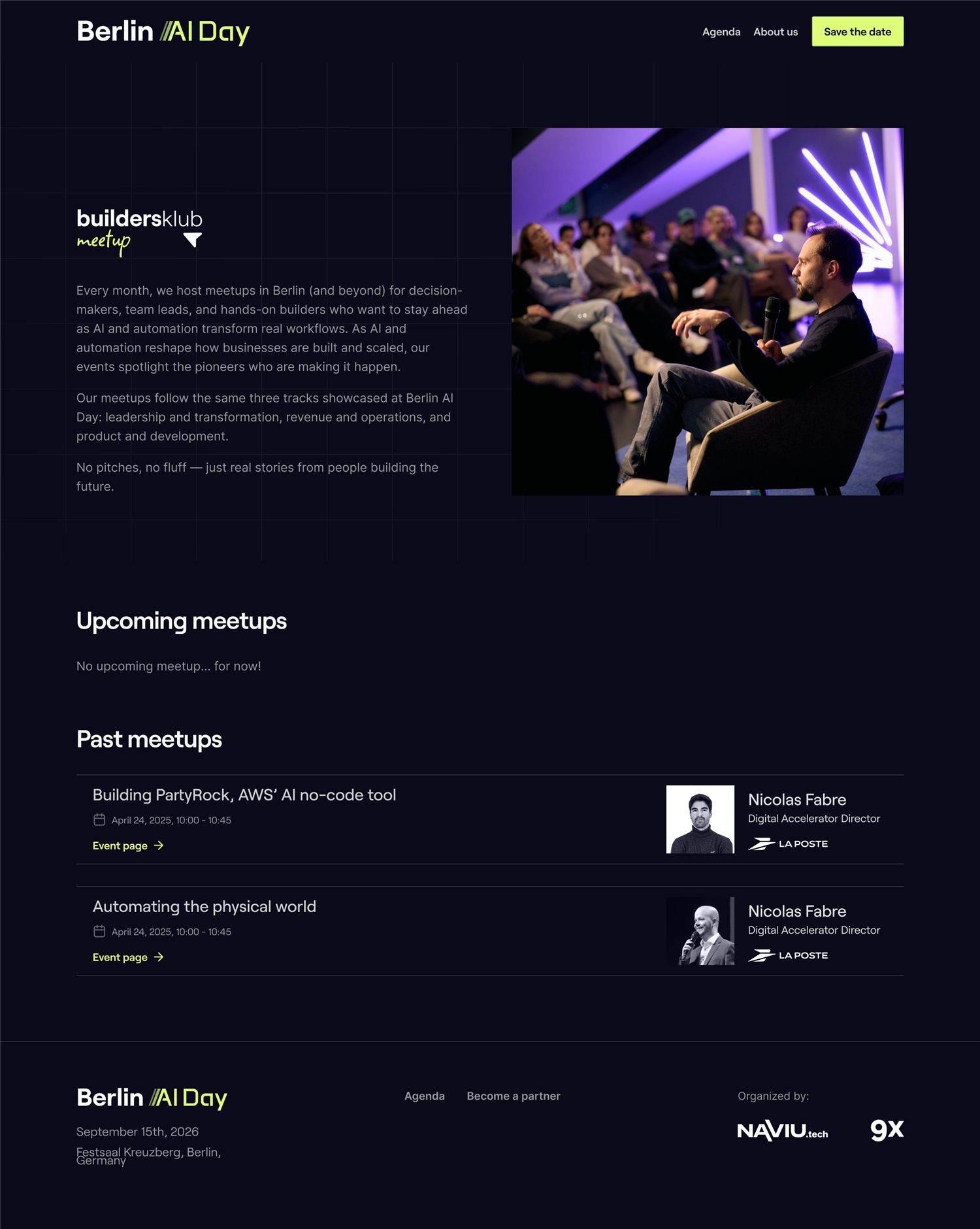Meetups page on desktop: upcoming and past meetups