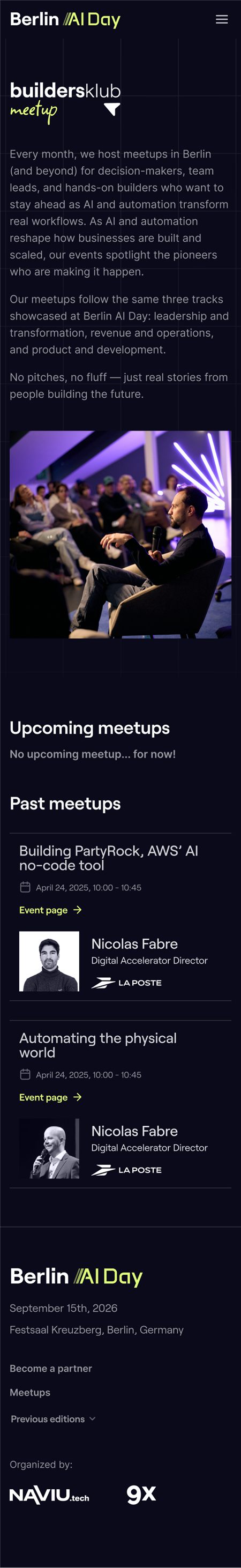 Meetups page on mobile