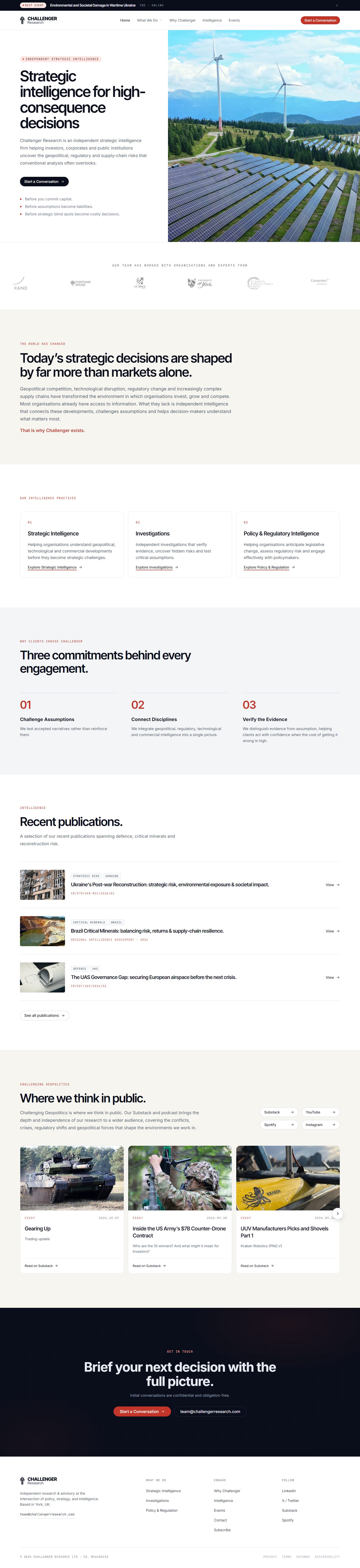Homepage page on desktop: the hero, the three intelligence practices, three commitments, recent publications, the Challenging Geopolitics feed and the contact band