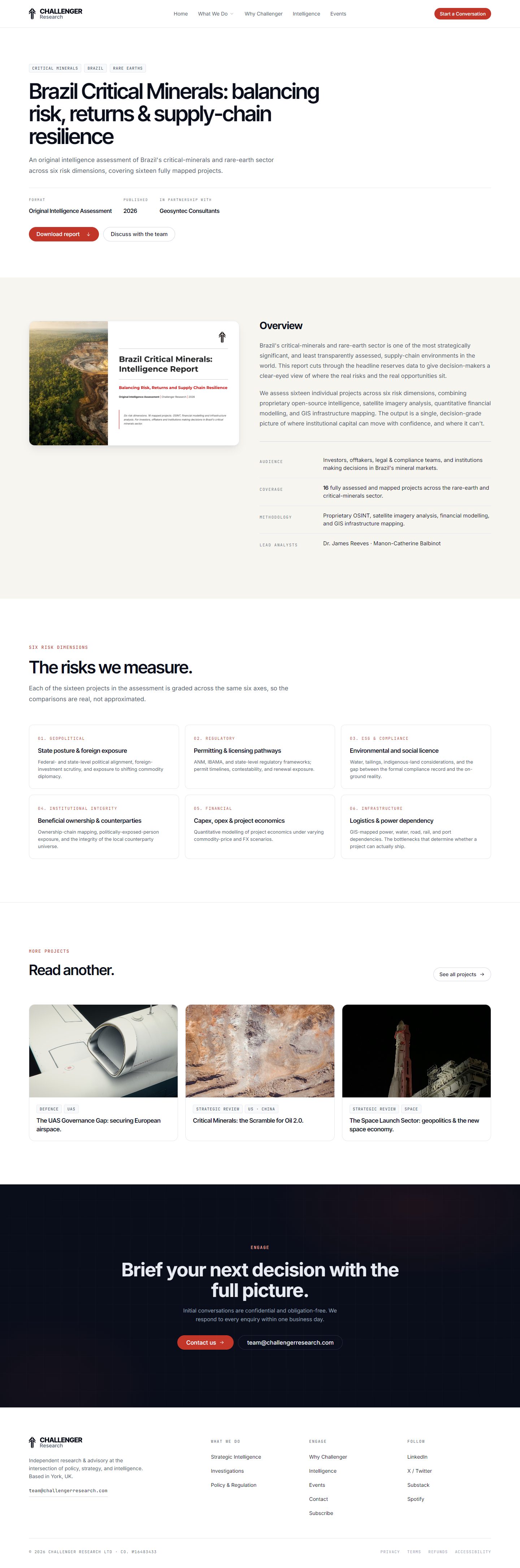 Report page on desktop: a single report page for the Brazil critical minerals assessment, with its summary and key findings