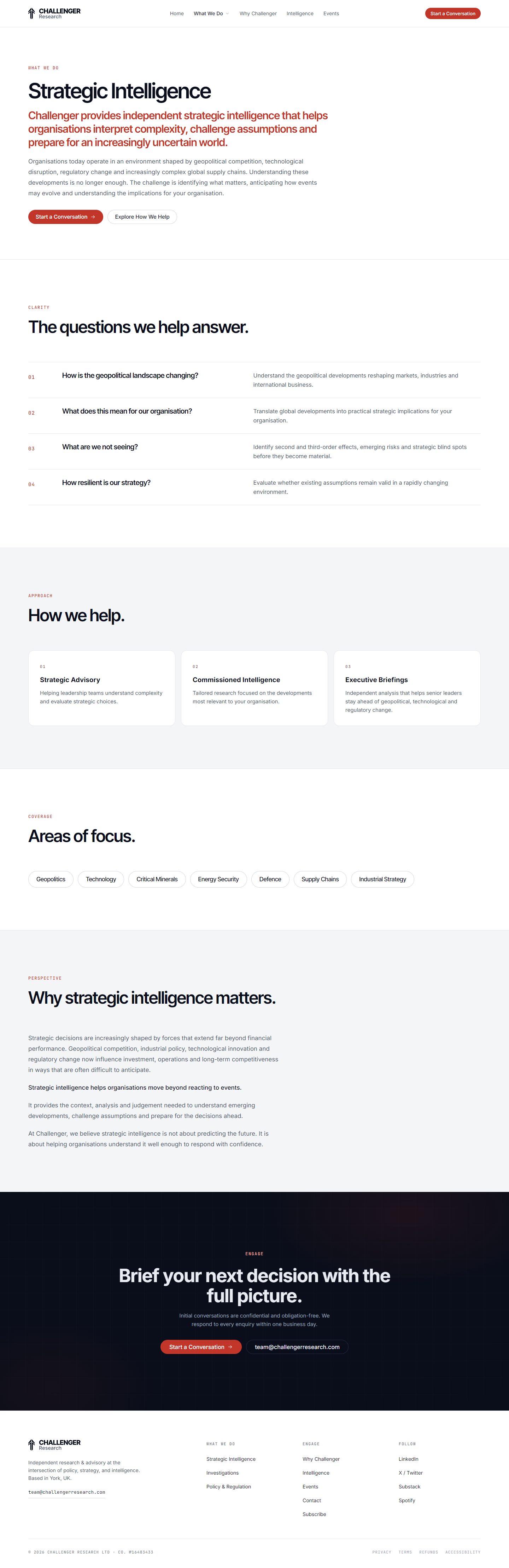 Strategic Intelligence page on desktop: one of the three practice pages, with what it covers, how the work is done and the domains it spans