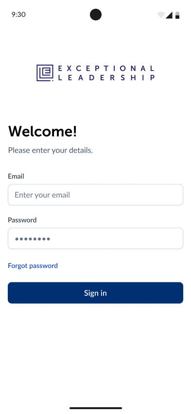Log in screen with the Exceptional Leadership logo, email and password