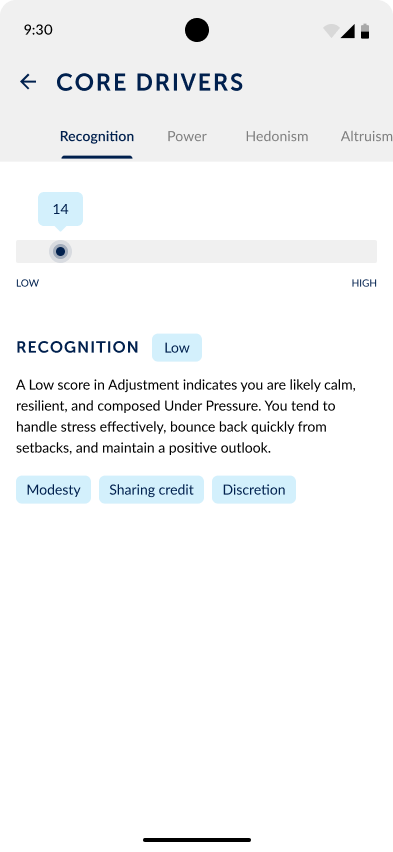 Recognition score detail with a slider, a Low badge, an explanation and trait tags