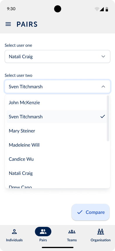Pairs screen with dropdowns to choose two people to compare