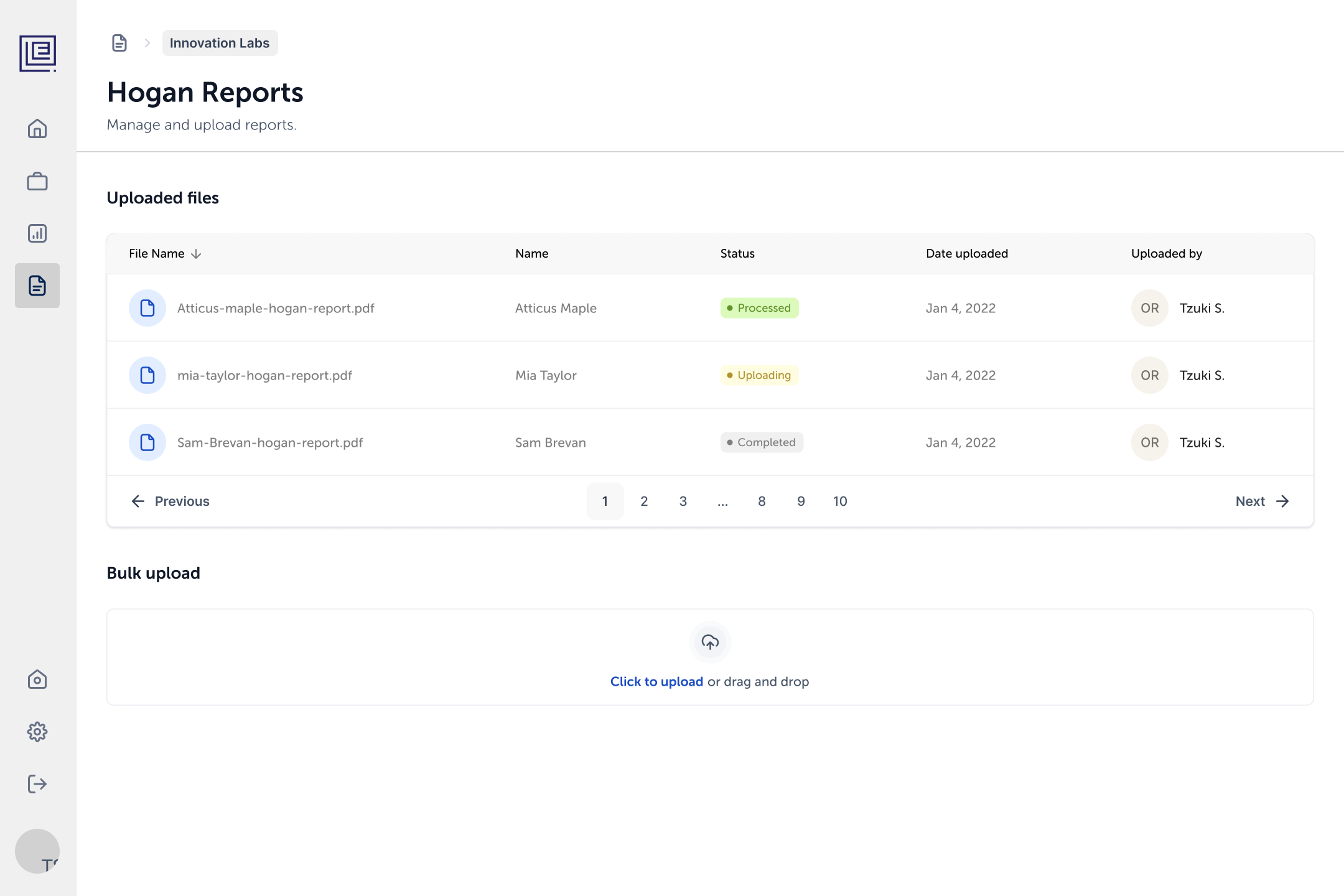 Hogan Reports page with uploaded files, their processing status and a bulk upload area