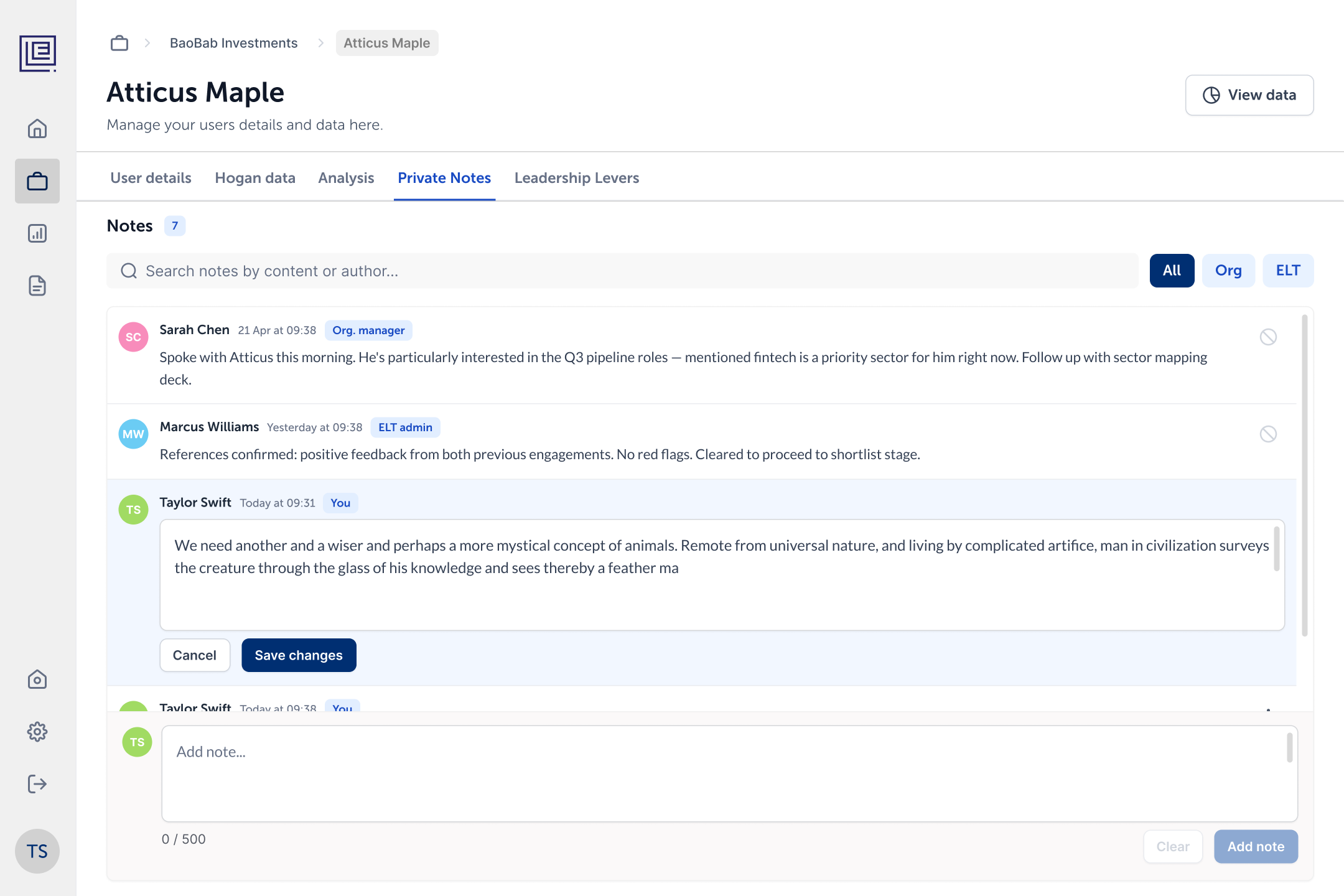 Private notes on a person, with author roles and filters for organisation and Exceptional Leadership notes
