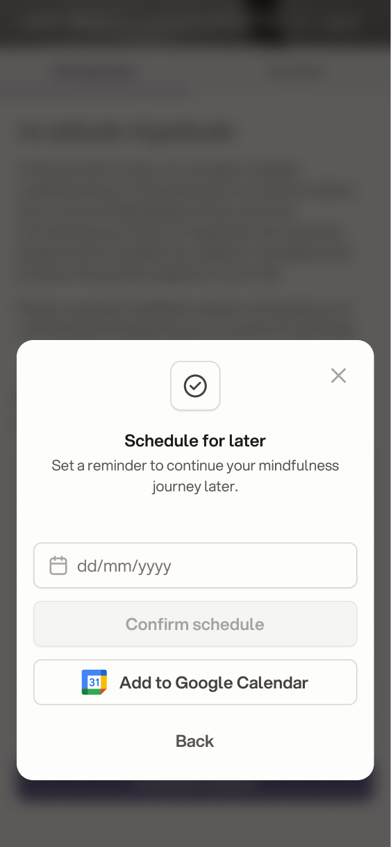Schedule for later modal with an empty date field and an option to add it to Google Calendar
