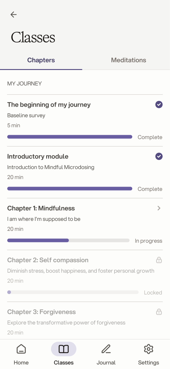 Classes screen on the Chapters tab, listing the program chapters and surveys