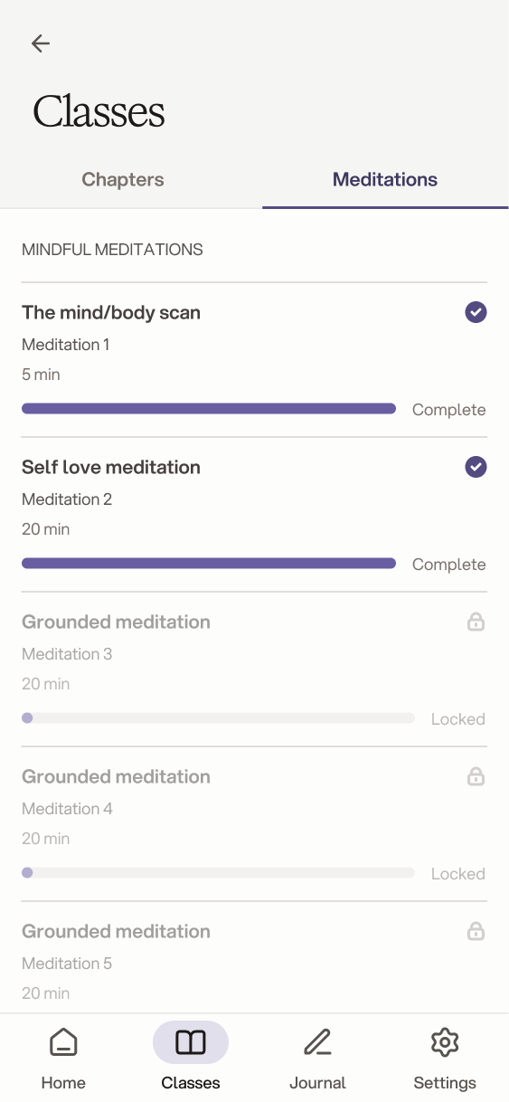 Classes screen on the Meditations tab, listing guided meditations