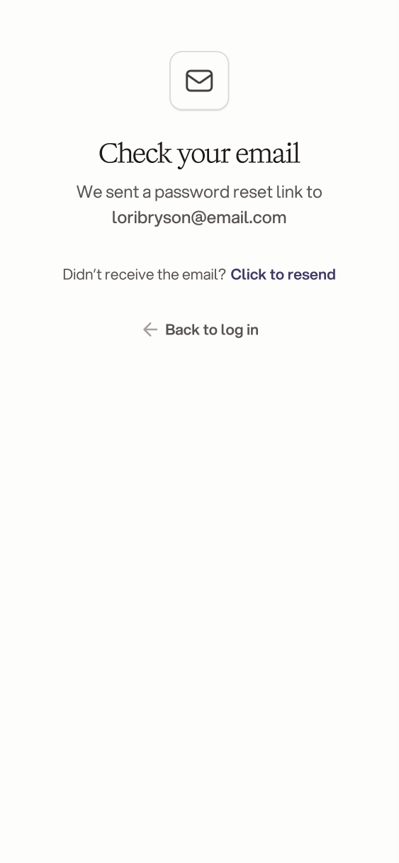 Check your email screen confirming the password reset link was sent
