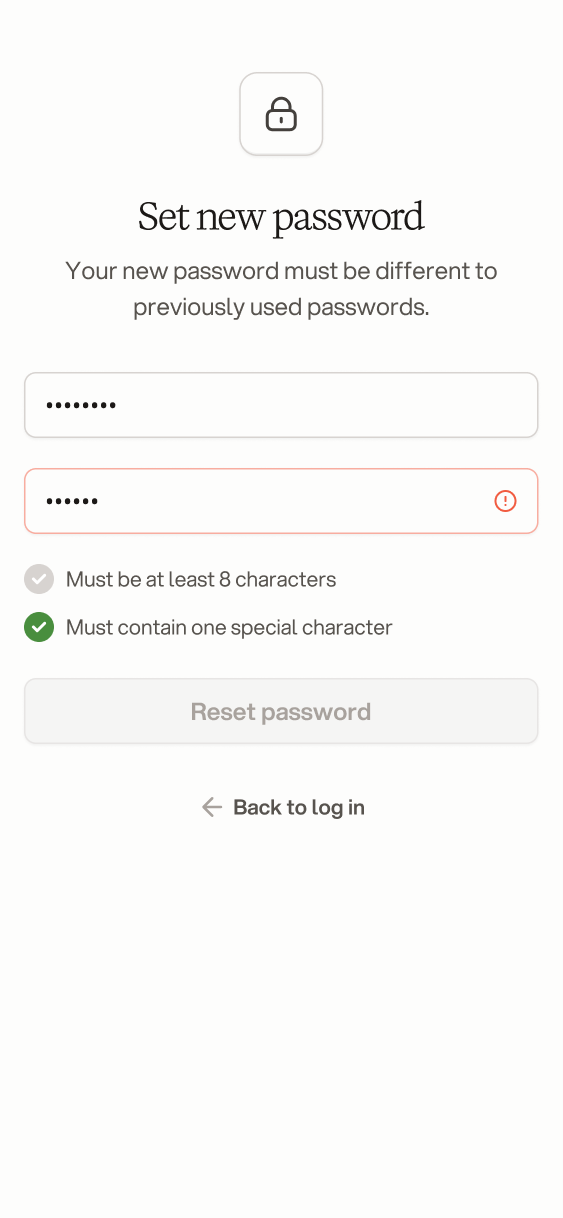 Set new password screen with live checks for length and a special character