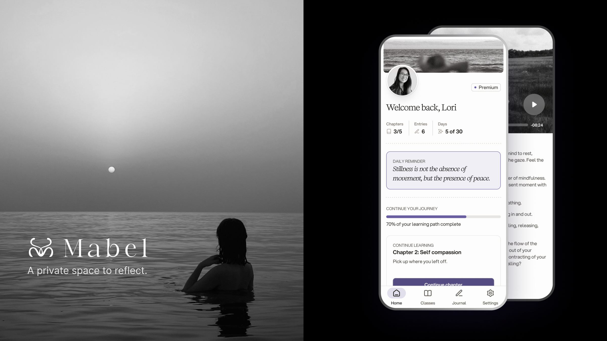 Mabel cover: the Mabel logo and the tagline A private space to reflect over a black and white photo of a woman in the sea, beside two phones on a black background showing the home screen and a meditation page