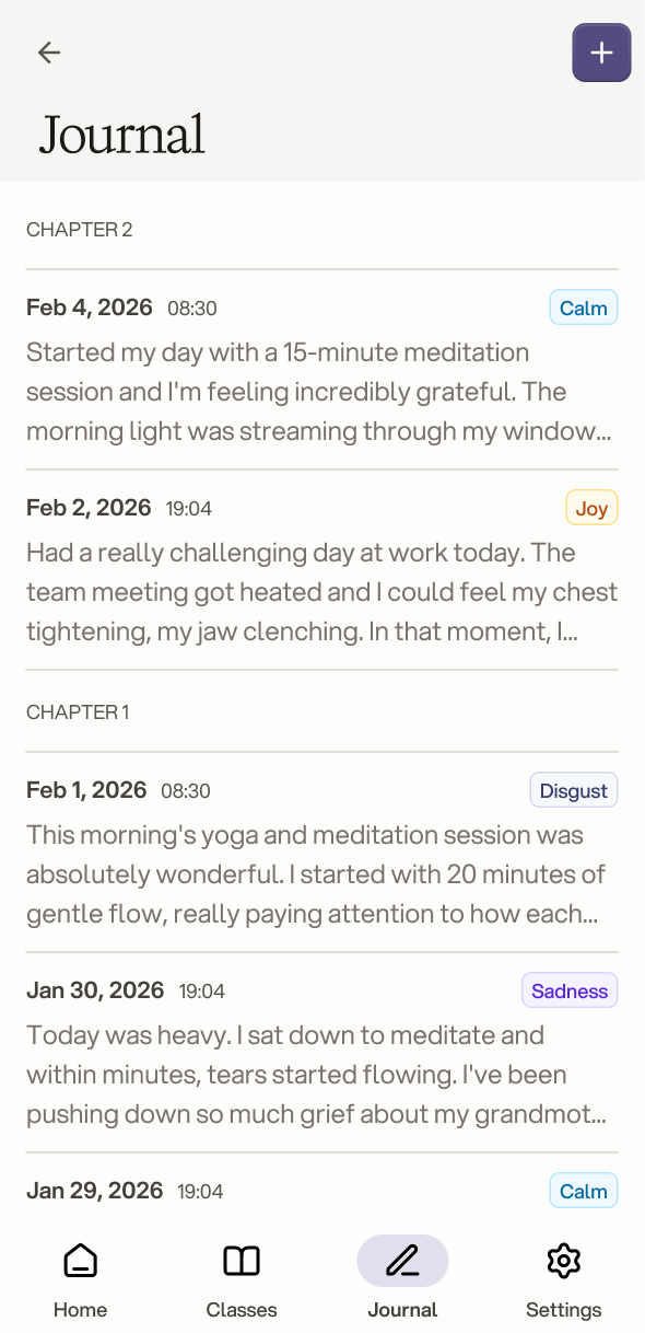 Journal list with entries grouped by chapter, each tagged with a detected mood such as Calm, Joy or Sadness