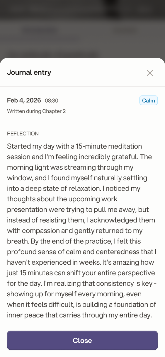 Open journal entry showing the full reflection, the date, the chapter it was written in and a Calm mood tag