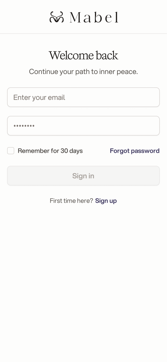 Log in screen, Welcome back, with email and password fields