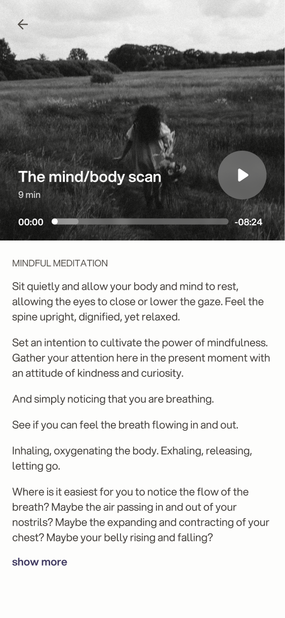 The mind/body scan meditation with an audio player and the narration as readable text