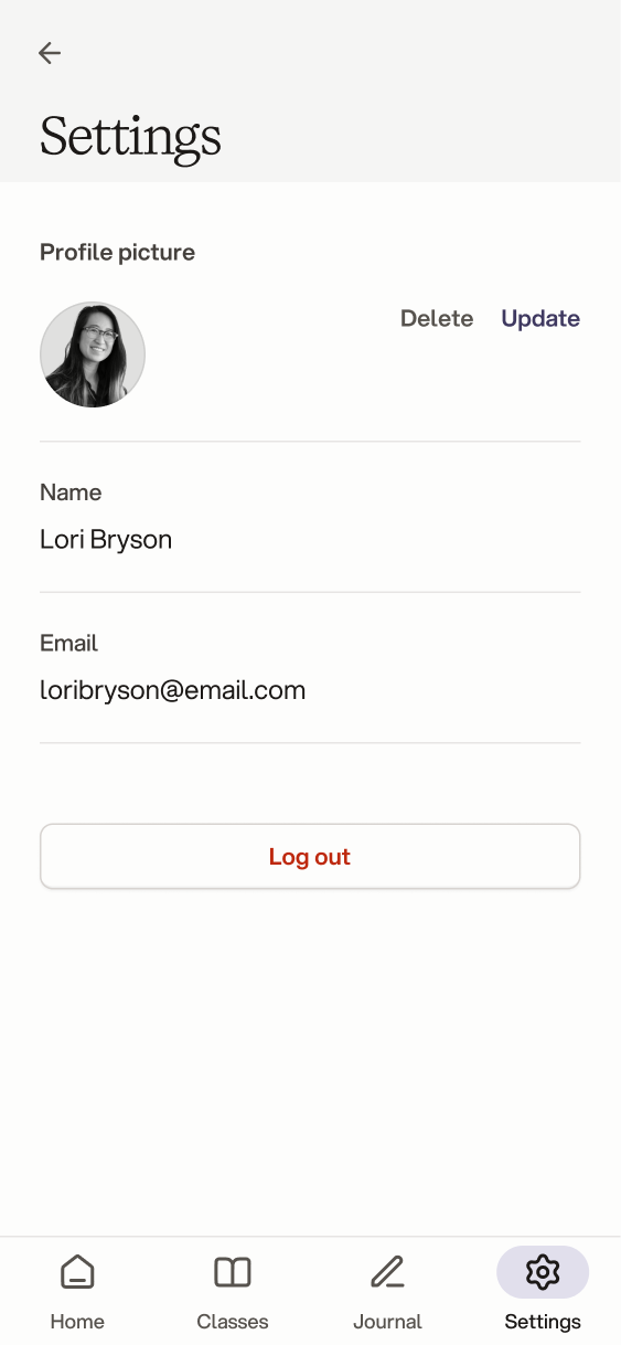 Settings with profile picture, name, email and log out