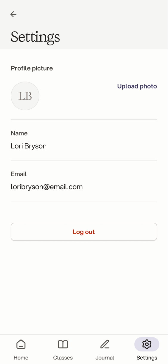 Settings without a profile picture, showing initials and an upload option