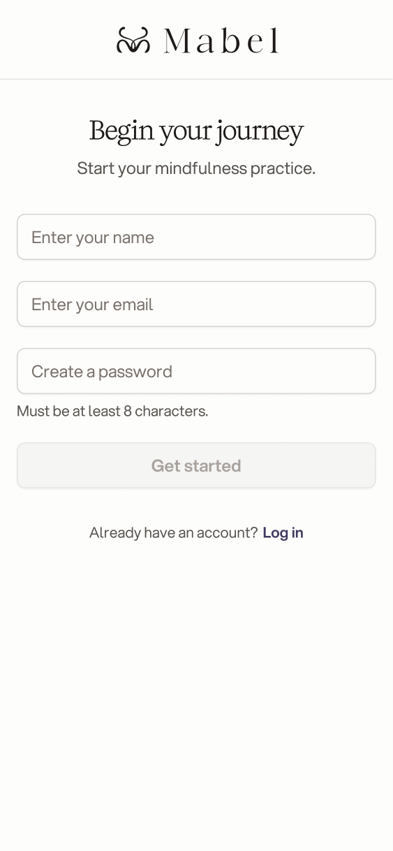 Sign up screen, Begin your journey, asking for name, email and password
