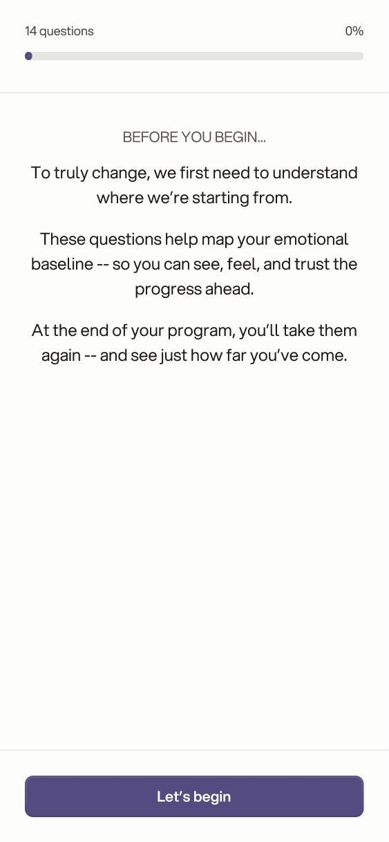 Baseline survey intro explaining that the 14 questions map the emotional starting point