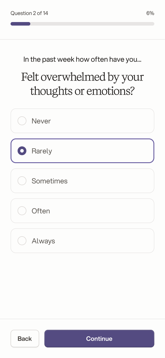 Baseline survey question 2 of 14: how often have you felt overwhelmed, with Rarely selected