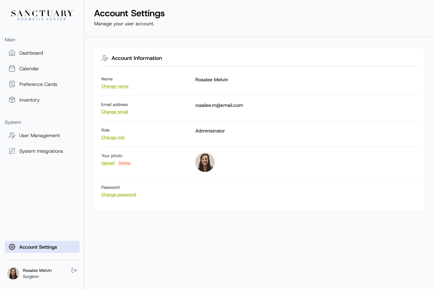 Account settings with name, email, role, photo and password
