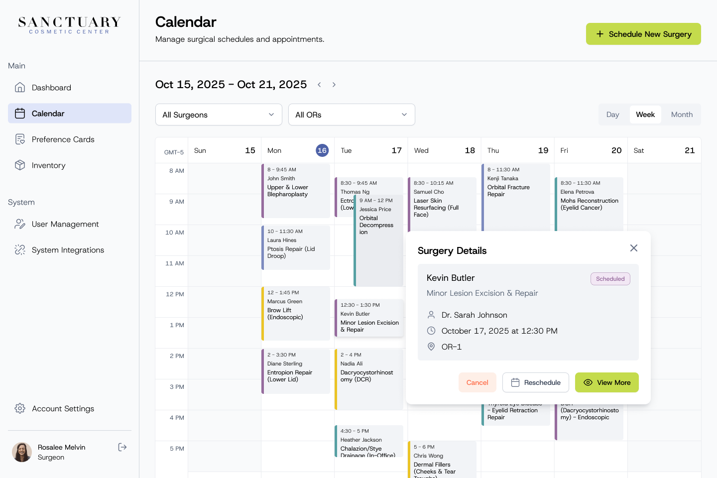 Surgery details popover on the calendar with patient, procedure, surgeon, time and room