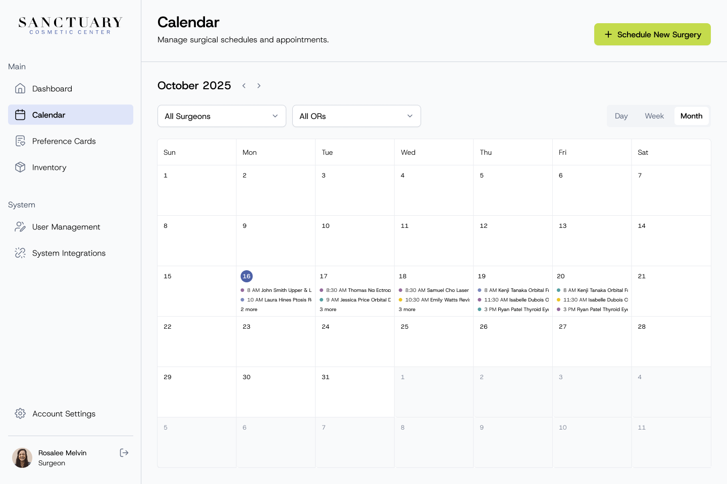 Calendar month view for October 2025, with surgeries listed on each day and a count of more