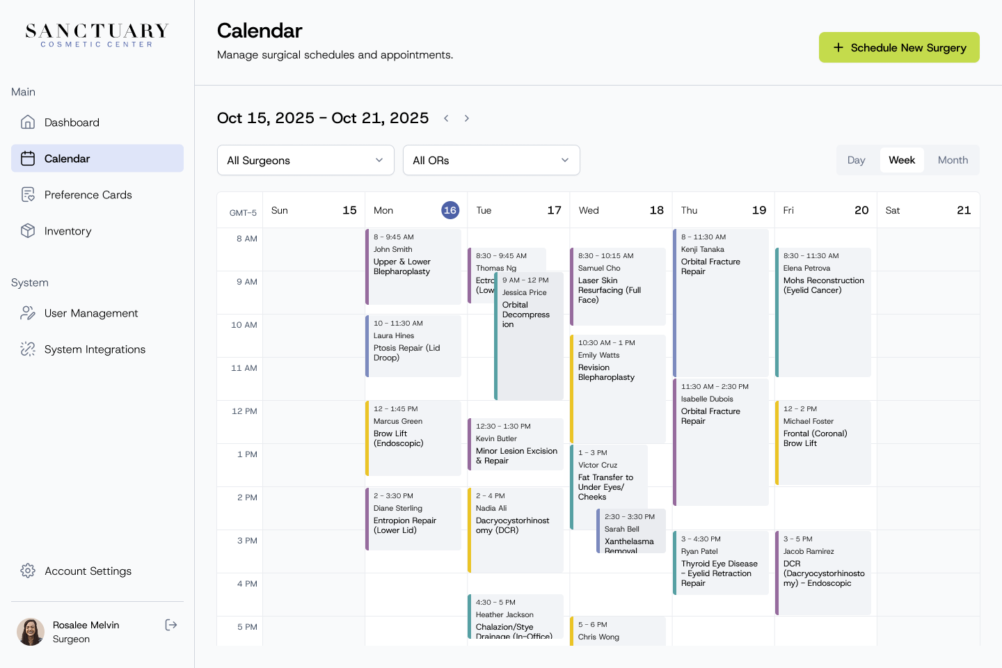 Calendar week view with colour-coded surgeries, filters for surgeons and operating rooms, and a Schedule New Surgery button