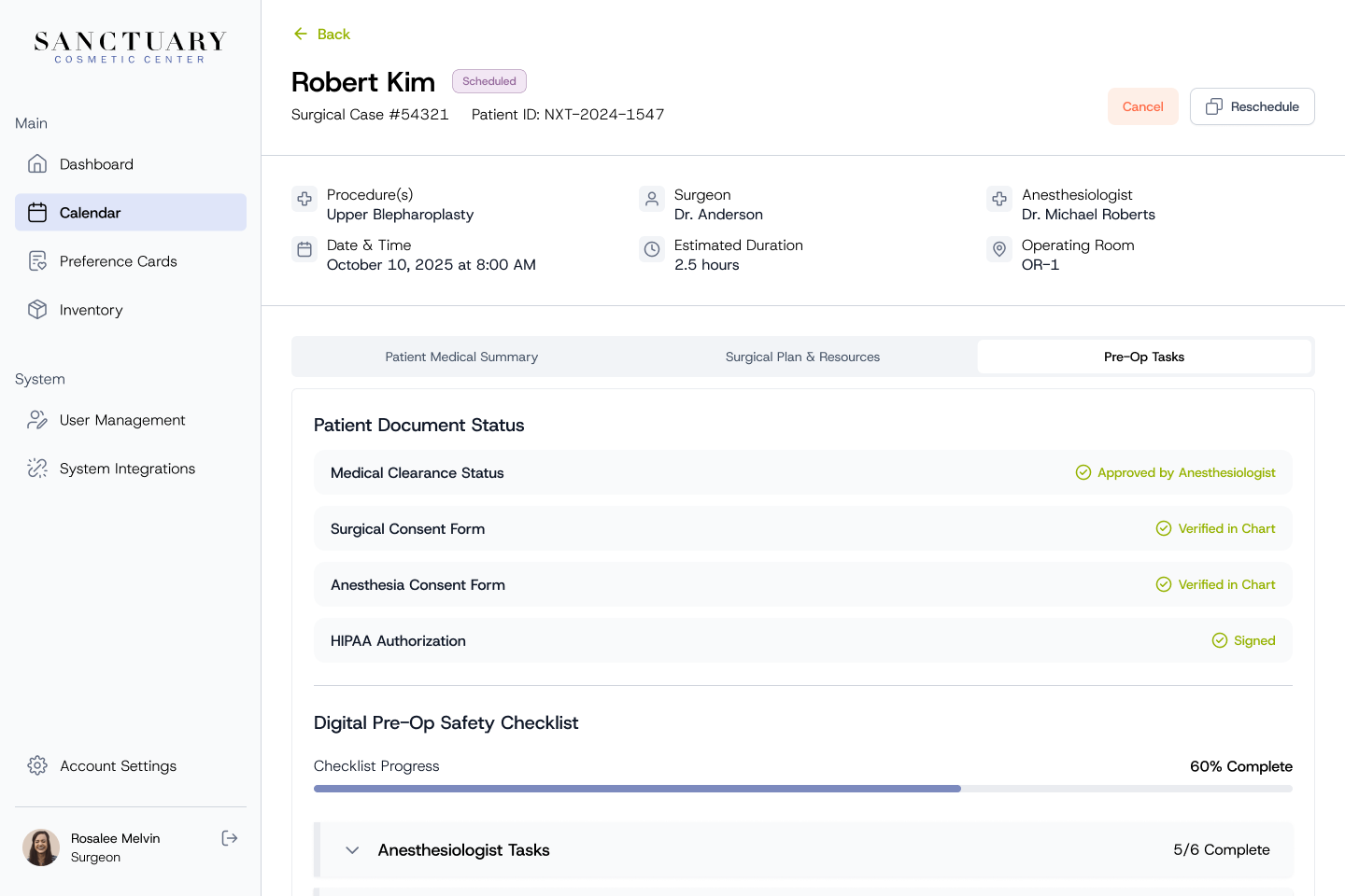 Surgical case file, Pre-Op Tasks tab with document status and pre-op safety checklist progress