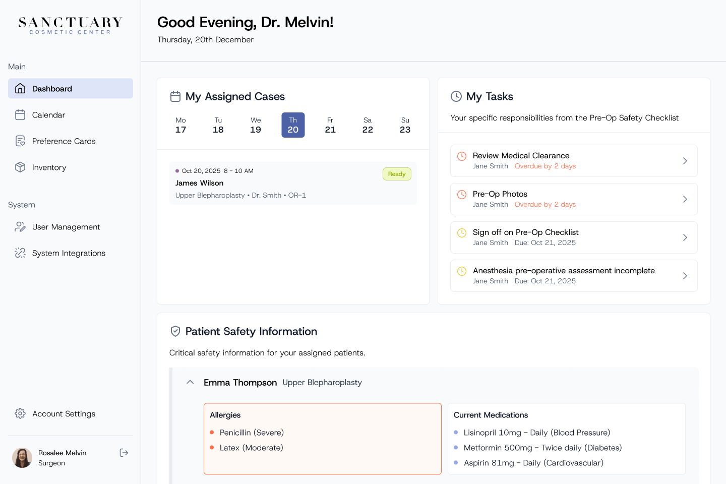 Surgeon dashboard with assigned cases, personal tasks and patient safety information such as allergies and current medications