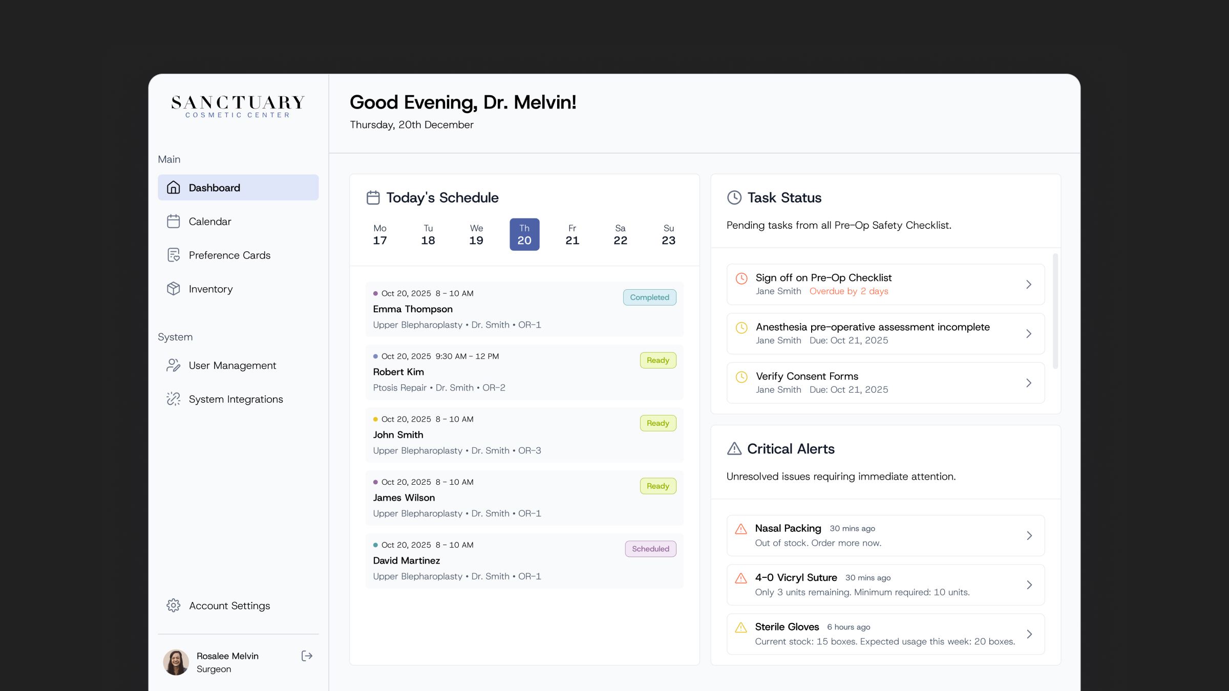 The Sanctuary dashboard on a dark background, with the sidebar navigation, a greeting for Dr. Melvin, today's surgery schedule, pending pre-op tasks and critical alerts for out-of-stock and low supplies