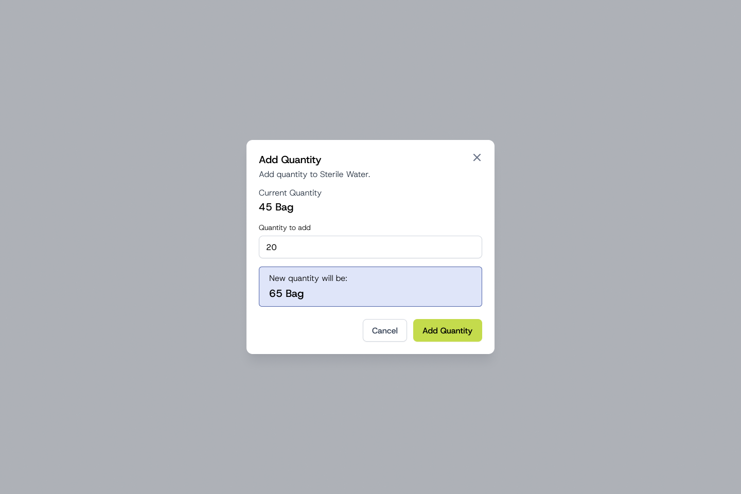 Add Quantity modal previewing the new stock level
