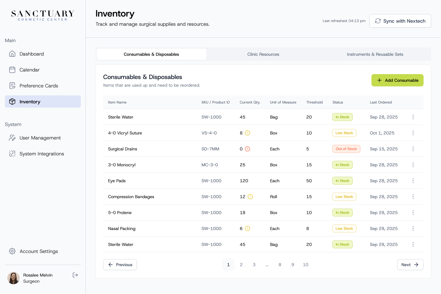 Inventory consumables table with stock quantities, thresholds and in stock, low stock or out of stock status