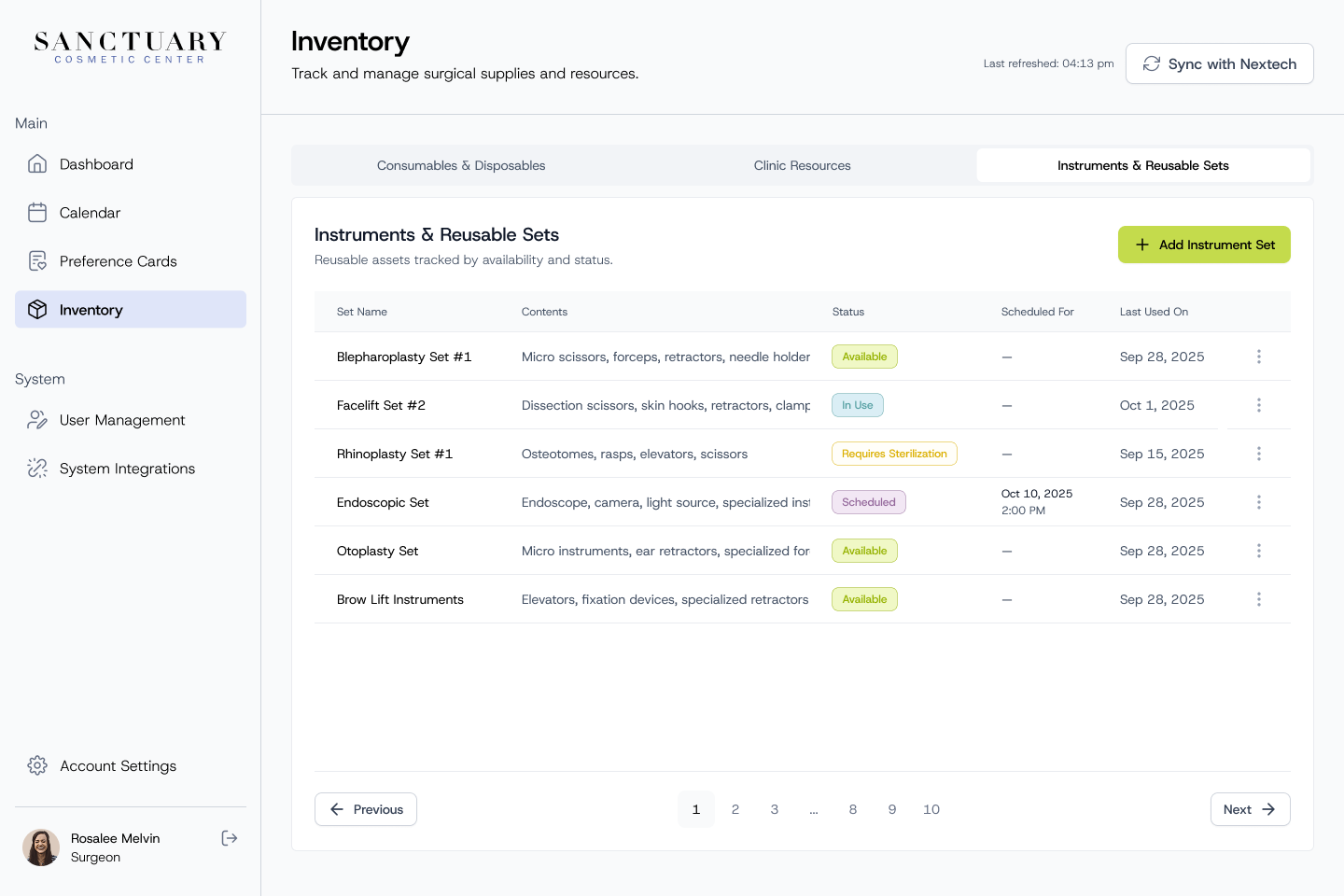 Instruments and reusable sets with their contents and availability status