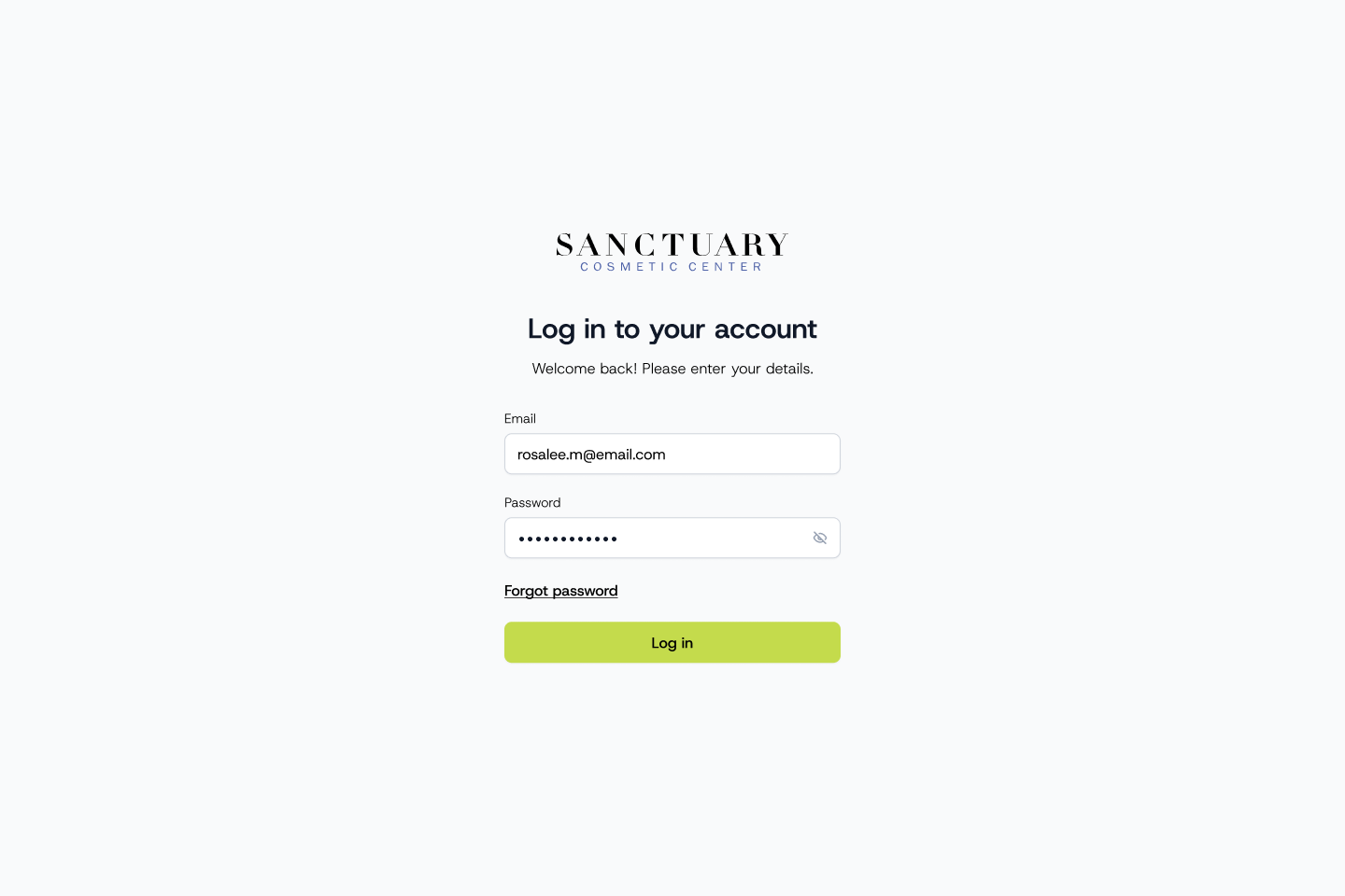 Sanctuary log in screen with email and password filled in