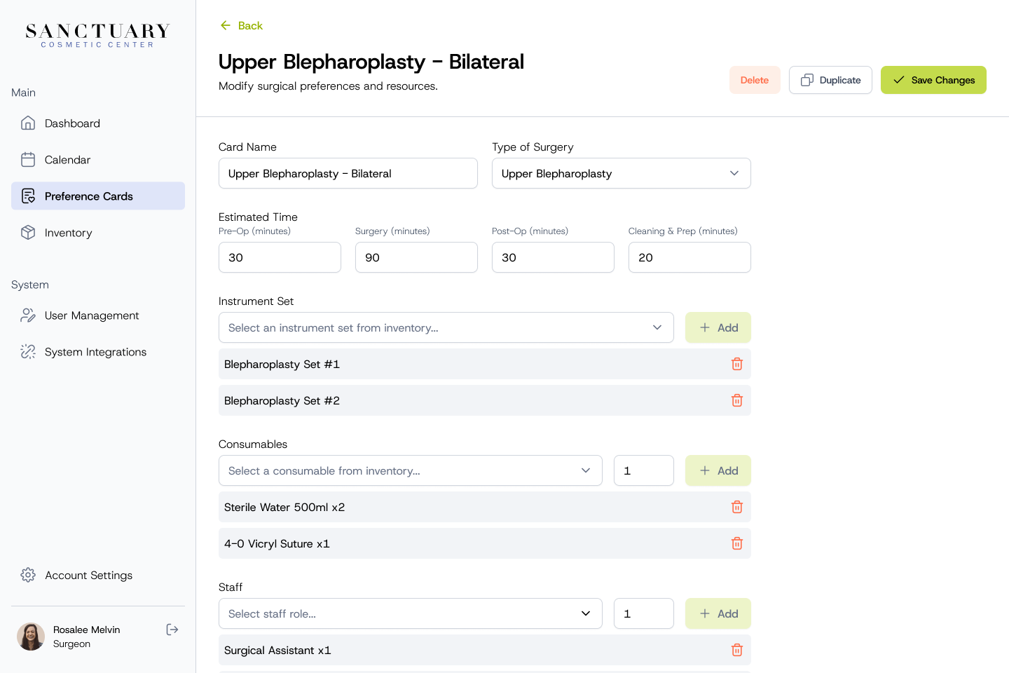 Editing a preference card with estimated times, instrument sets, consumables and staff