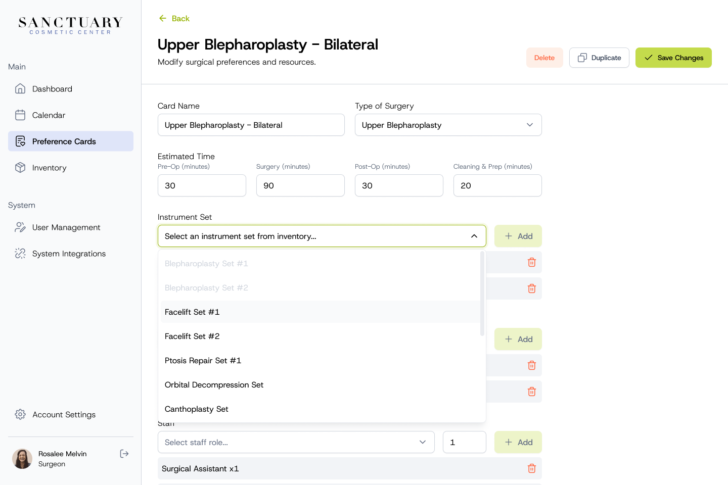 Adding an instrument set to a preference card from an inventory dropdown