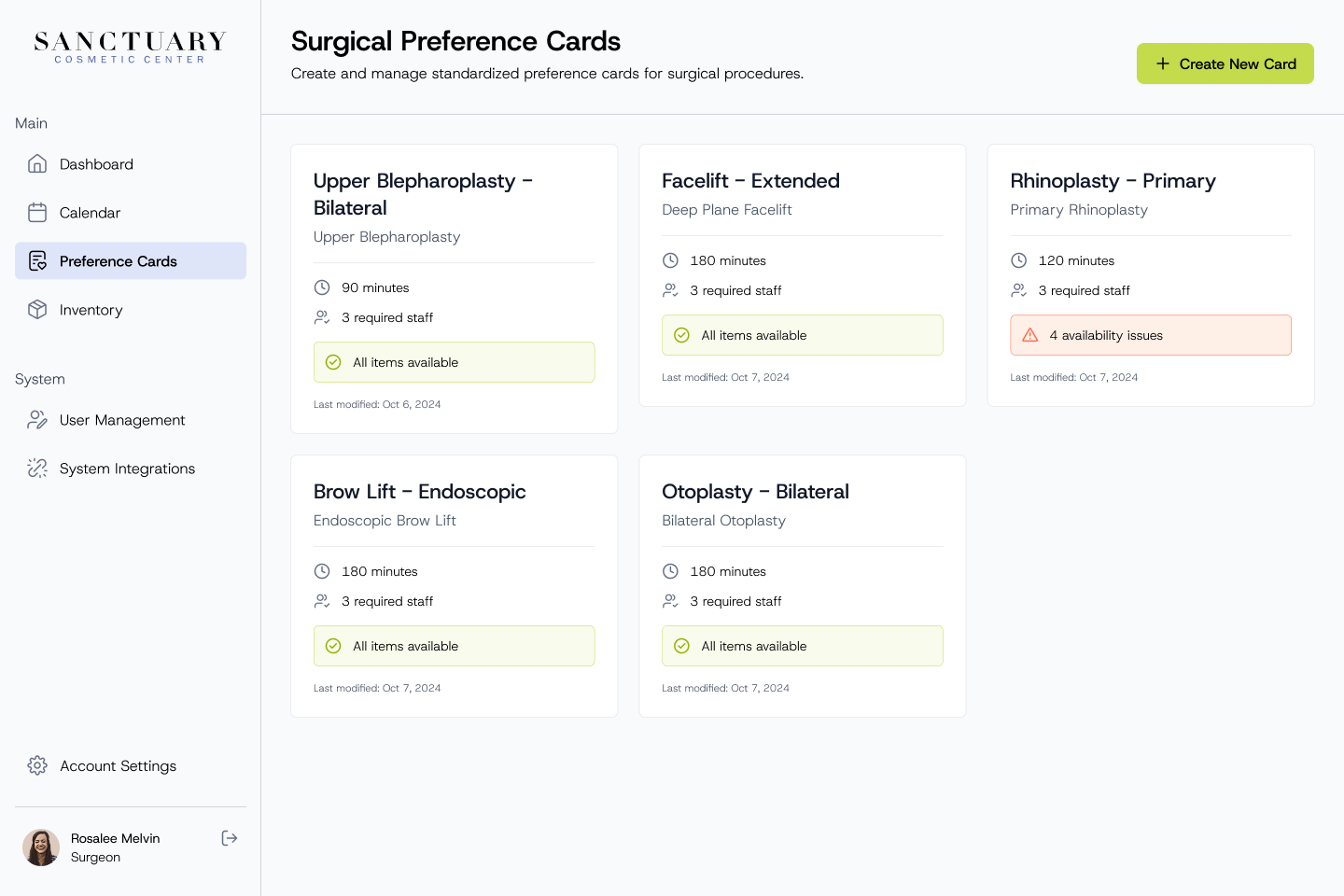 Surgical preference cards for each procedure, showing duration, required staff and whether all items are available or there are availability issues